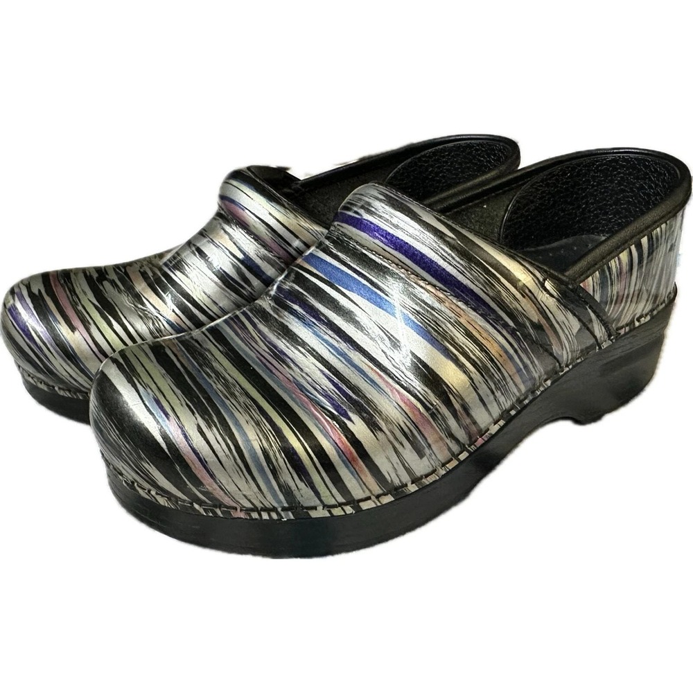 Dansko Professional Clogs Womens 40 Silver Metallic Striped Patent Leather Nurse